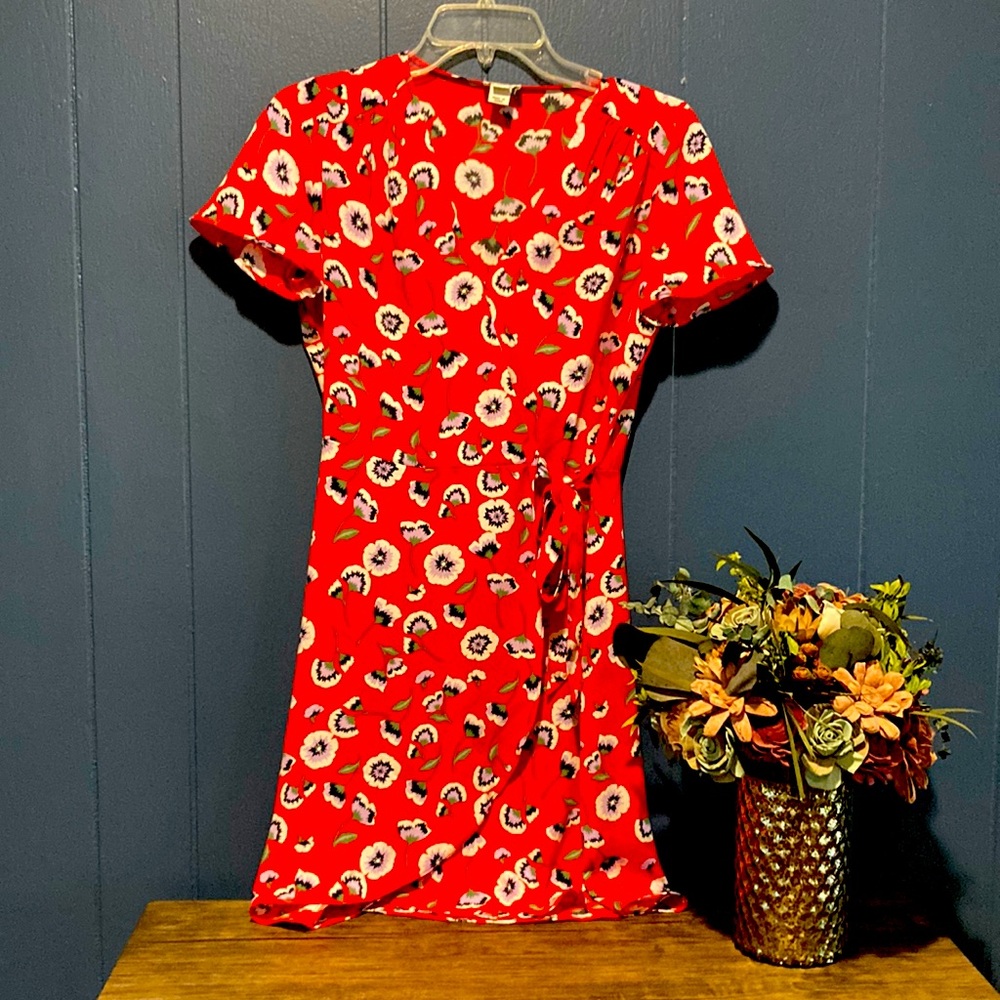 Red floral wrap dress